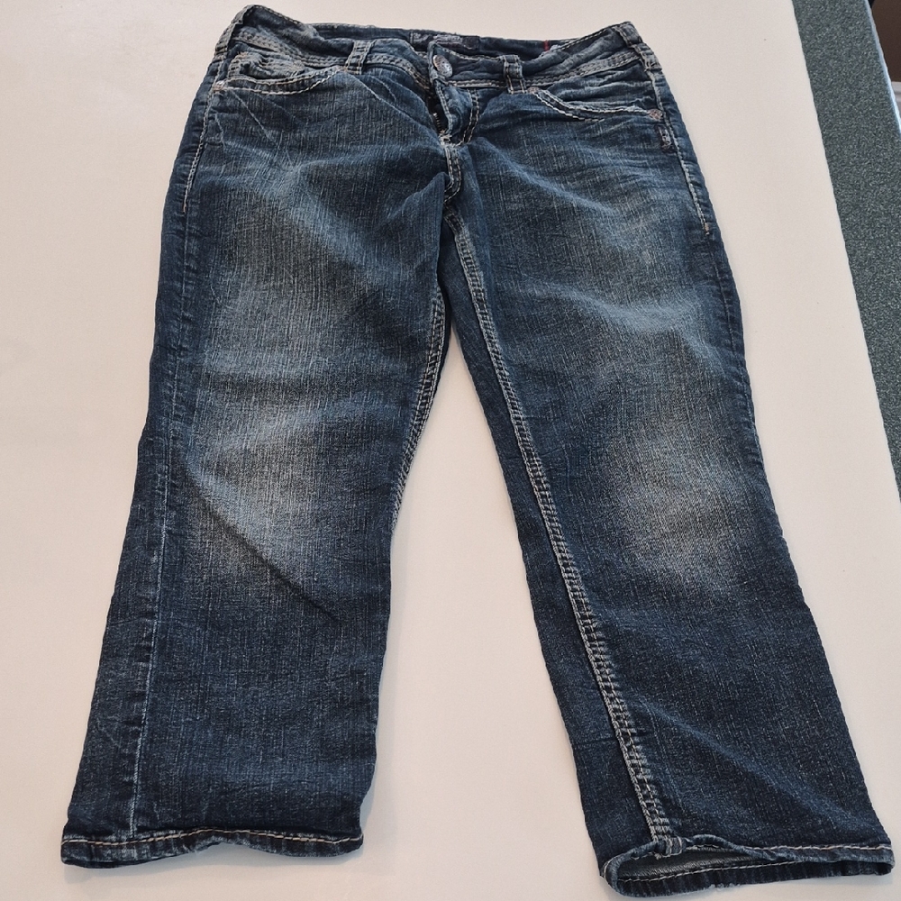 Silver Cropped Jeans Dark Blue Straight Leg Women's Capri 28 X 22